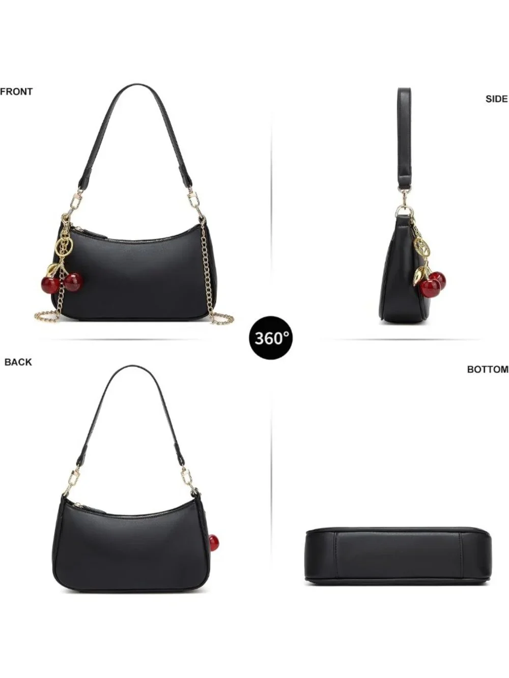Stylish Black Hobo Shoulder Bag for Women - Retro Cherry Clutch with Removable